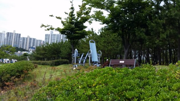 多大浦海辺公園内にある運動器具とベンチ
